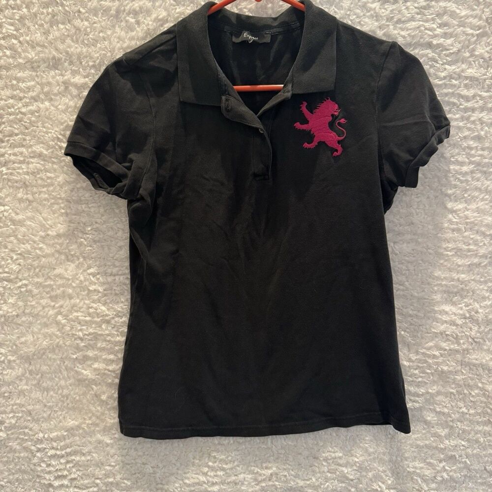 Express 2yk Black Polo With Pink Lion Stretch Baby tee Vintage Punk Grunge
